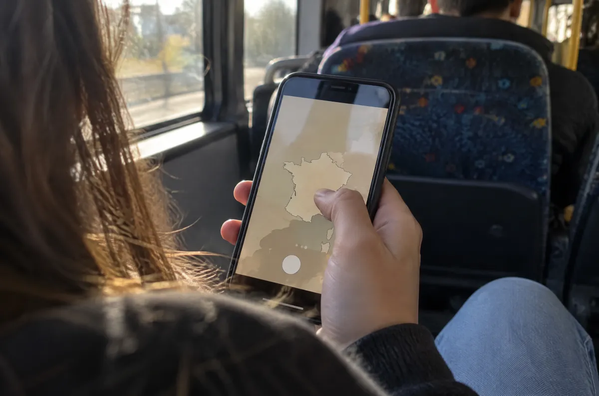 A passenger on a bus tracing the outline of France with a thumb on a beige map on their phone.